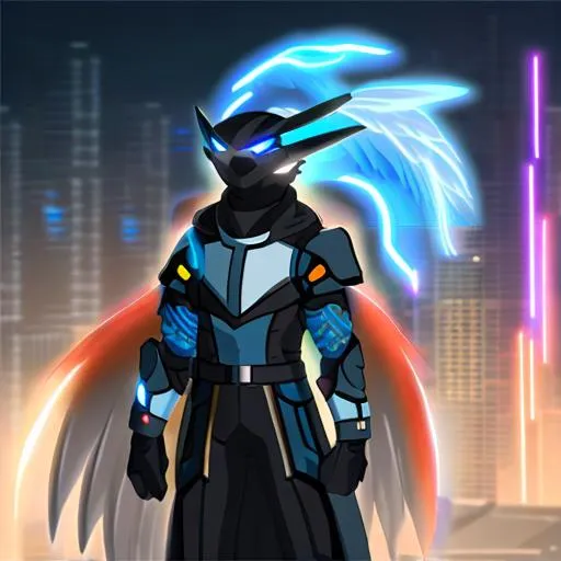 Prompt: a male protogen fursona, well drawn, masterfully drawn, 4k, HD, thunderbird with lightning wings, cyberpunk headshot