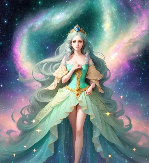 Prompt: highest quality portrait full body of galactic princess, digital painting, style of Fragonard, highly-detailed symmetric face, cinematic, washed out palette,  super soft, soft pastel color palette, blue, green, gray, pearlescent, sparkling, stars, galaxy, white, big eyes, iridescent, big lips, long hair,, legs visible, vines, arms visible, perfect composition, hyperrealistic, super detailed, 8k, high quality, sharp focus,intricate details, highly detailed, dynamic lighting, detailed and intricate environment