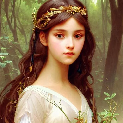 Prompt: painting of a mystic young girl in the forest, intricate, elegant, highly detailed, digital painting, artstation, concept art, smooth, sharp focus, illustration, art by artgerm and greg rutkowski and alphonse mucha and william - adolphe bouguereau Bright Blue Eyes, blue eyes, vivid