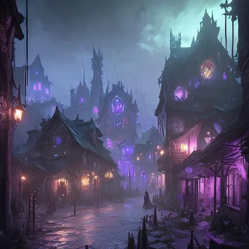 Prompt: extreme long shot concept art depicted old mountain town, necromancer village, dark fantasy, arcanepunk, arcane purple and green glow, dark ambiance, art by Cédric Peyravernay and HR Giger