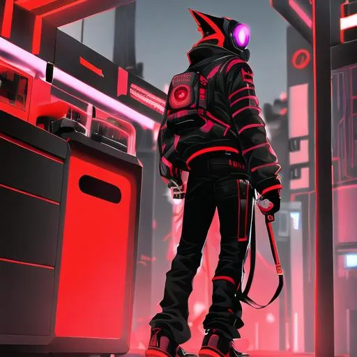 Prompt: Male character, black but red neon gas mask, cyber netrunner hood (black but neon red), neon red Sword In its Back, Red Mecha Cyber Jacket, black jeans, red shoes