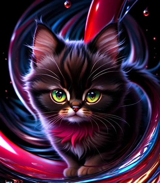 Prompt: surreal puffy liquid red gold silver jade (Beautiful {Furry!!! Persian}kitten plasma, Beautiful big reflective eyes, long flowing hair), hyper realistic, expansive psychedelic background, hyper realistic, 8K --s99500