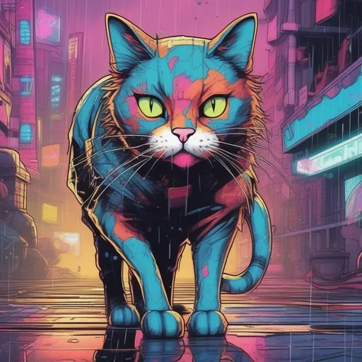 Prompt: A colourful and beautiful house cat in the rain in a cyberpunk world in a marvel comics style