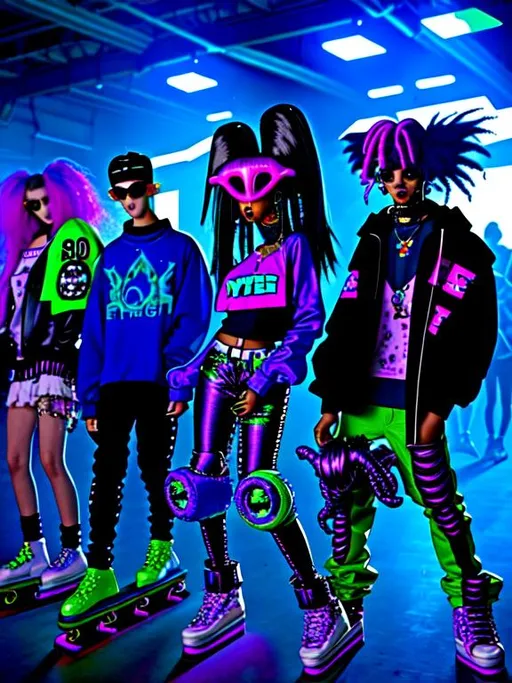 Prompt: 80’s 90s alien monster hype beast  raver teens in futuristic technology high fashion warehouse arcade rave party skating club monster high tech robot crowd 