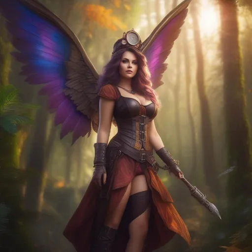 Prompt: Epic. Cinematic. 4k.  8k.  Wide angle shot. Full body shot. Hyper realistic painting. Concept art. matte painting. Detailed Illustration. photo realistic. A beautiful, buxom woman with broad hips. extremely colorful, bright eyes,  standing in a forest by a sleepy town. Shes a Steam Punk, colorful, gothic style witch.  A distinct Winged fairy, with a skimpy, very sheer, gossamer, flowing outfit.  A picturesque Halloween night.  Octane render. Trending on artstation.