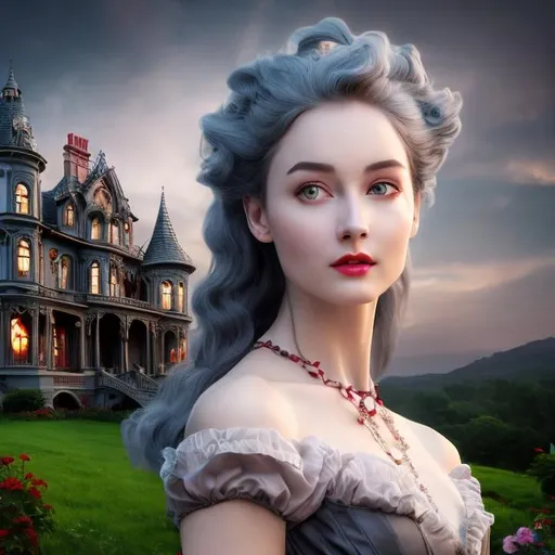 Prompt: 4k professional modeling photo live action human woman hd hyper realistic beautiful wicked victorian lady gray hair fair skin gray eyes beautiful face red dress enchanting mansion landscape hd background with live action victorian countryside