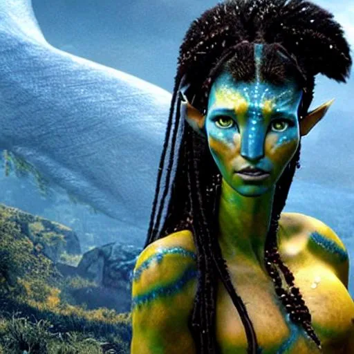 Prompt: a beautiful na'vi woman from movie avatar with black hair and blue skin