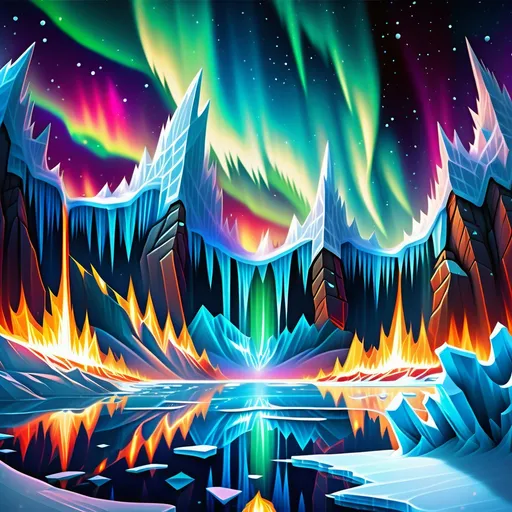 Prompt: Background: A frozen tundra with jagged ice cliffs reflecting an aurora borealis dancing across the sky.
Action: A mythical phoenix with blazing feathers of fire and ice bursts from a crystalized volcano, its flames melting the surrounding ice.
Render Style: Dynamic and luminous, with extreme contrast between fire and ice elements.
Theme: Rebirth and elemental harmony.