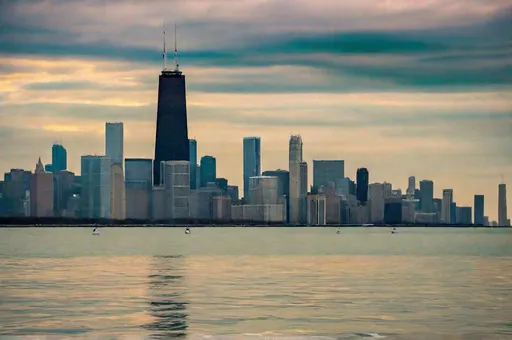 Prompt: a buoy floating in the middle of Lake Michigan. The Chicago skyline can be seen on the lakefront (anime), afternoon, cool colors, cloudy sky, (john hancock building), cityscape, 