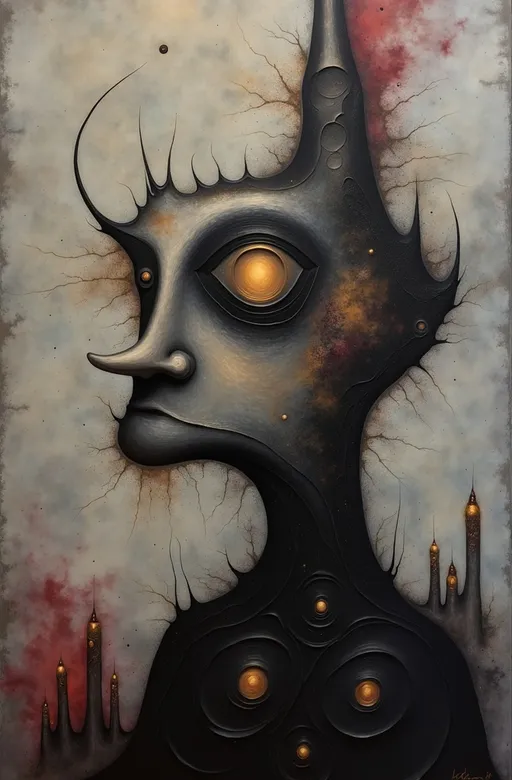 Prompt: abstract painting of a somber man in Mark Ryden style, odd buildings dotting the background
