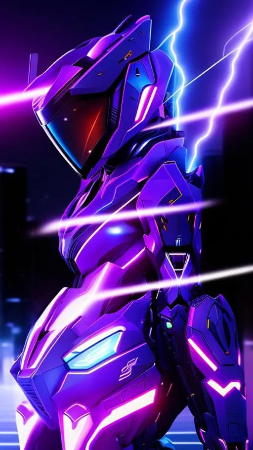 Prompt: badass female robot, cool boots, sharp edges, mech suit with lightning pattern, cool helmet, full body, simple backround, sharp colors, beautiful lighting, HD, drawn by Rebecca Suger, Rob Renzetti