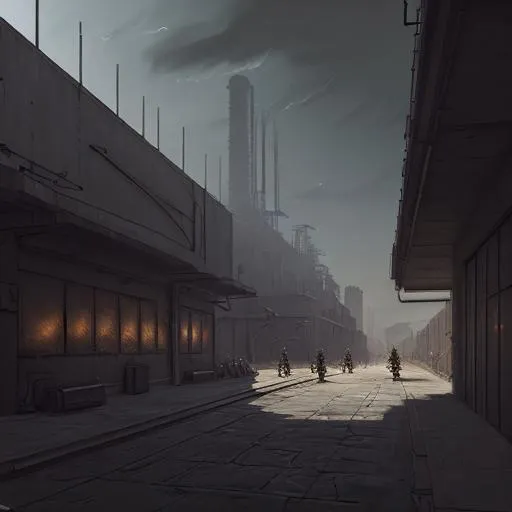 Prompt: concept art, sweeping landscape views, Dense industrial landscape, dark shadowy alleyways, covered in armor troops.