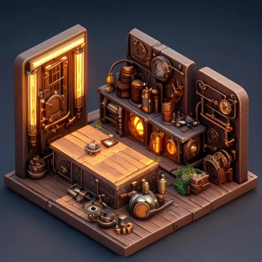 Prompt: cute isometric steampunk forge and anvil in middle, cutaway box, fantasy, highly detailed, made with blender --v 4