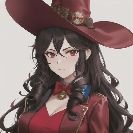 Prompt: adventurer, stylish red dress and elaborate hat, dark, curly styled hair, closeup, steampunk, alucard, vampire, hidden horrors