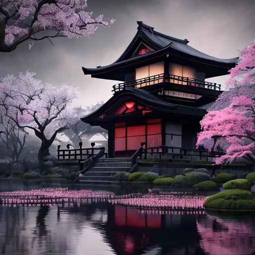 Prompt: Evil and morbid, Anything, Dawn, Photograph, dark pond, cherrry blossom, Japanese garden, cute house, grandiose, overpowering render, dark fantasy, unreal engine, raytracing, post-processing, zbrush, substance painter, trending on ArtStation, epic perspective, epic lighting, composition, photorealistic, vfx, cgsociety, volumetric lighting, + cinematic + photo + realism + high detail, cgi, 8k, --ar 16:9