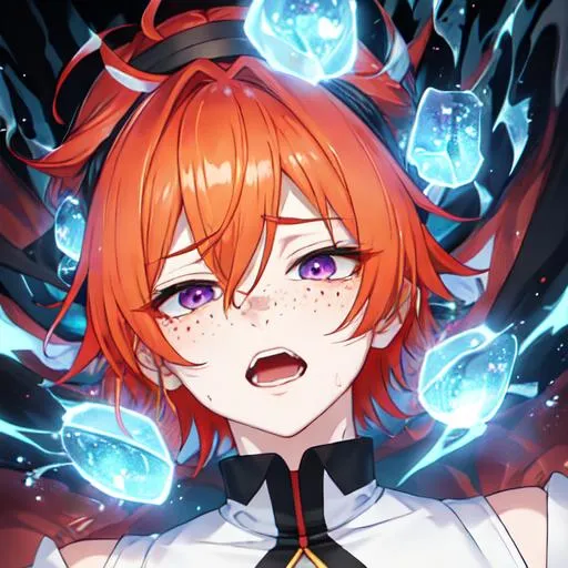 Prompt: Erikku male adult (short ginger hair, freckles, right eye blue left eye purple) UHD, 8K, Highly detailed, insane detail, best quality, high quality,  anime style, in purgatory, yelling, upset, crying out for help