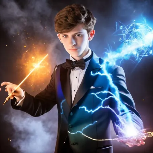 Prompt: 16 year old boy in a tuxedo useing his magic wand to cast sparkely magic spells for his contry on an active battle field at war