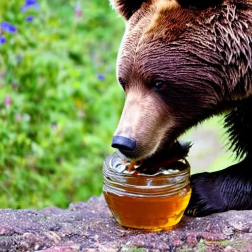 A bear sat eating honey from a jar in the style of “... | OpenArt