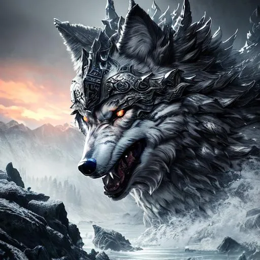Prompt: Wolf god, hyper realistic, tension, cold, highly detailed, sharp focus, professional, 8k UHD, cinematic, dark, violent, outdoor, River, battle, chase, dramatic, vivid, nervous vibe, render, epic, twilight, HDR, album cover