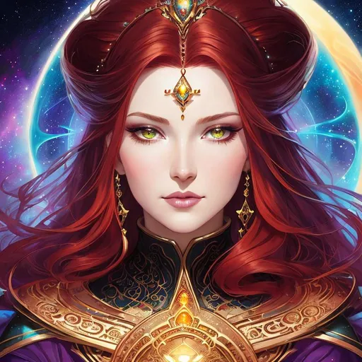 Prompt: a close up portrait of An intergalactic beautiful empress, beautiful symmetrical face, silky gradient red hair hair, golden eyes, wearing a exquisite gown with delicate intricate details, shimmer, glow. Art by  stanley artgerm, peter mohrbacher, Clint cearley, Brian Froud, rossdraws, guweiz, wlop, ilya kuvshinov, Charlie bowater, Laura Diehl, makoto shinkai. painting by daniel f gerhartz, art by Andrew Atroshenko and Edouard Bisson. highly detailed, sharp focus, ethereal, fantastic view, dreamy, Epic, celestial, sparkling, glossy, light emitting,  inner light.

