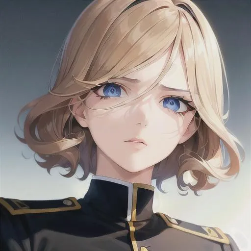 Prompt: (masterpiece, illustration, best quality:1.2), portrait, mad expression, mature look, death stare, eye bags under eyes, black eyelashes, very short curly blonde hair, blue eyes, all black German soldier uniform, best quality face, best quality, best quality skin, best quality eyes, best quality lips, ultra-detailed eyes, ultra-detailed hair, ultra-detailed, illustration, colorful, soft glow, 1 girl