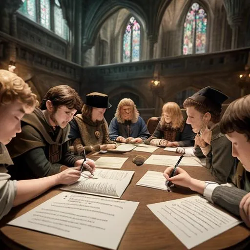 Prompt: knights of the round table, writers using pen and paper,  6500k, photo, realism, f.56, 50mm lens, 30 feet away, fantasy hogwarts

