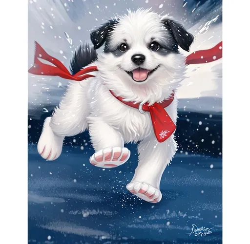 Prompt: Disney illustration of a cute black and white puppy, chasing snowflakes in a winter wonderland. Disney graphics. Large glassy eyes. 8k, ultra high resolution drawing, happy, whimsical 