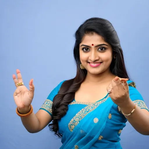 Prompt: Indian Beautiful Fair Gujarati Housewife pointing, happy, smiling, hand gesture good, loving the product, plain background 