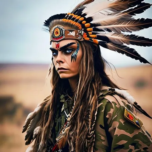 Prompt: cara delevigne, tan camo military uniform, indian head dress, feathers