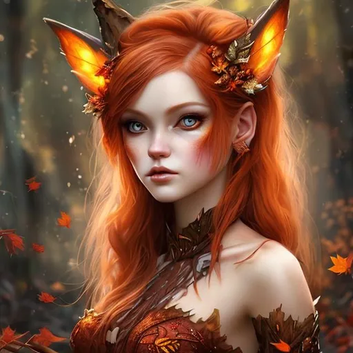 Prompt: Autumn fairy with coppery red hair and foxy ears. Female human face, beautiful simetric face, eyes color amber, the female wearing a deep red dress, realistic, fantasy art