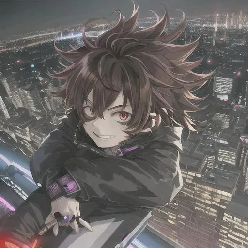 Prompt: insane, cute anime boy with brown hair, smiling, city lights, cyberpunk, city in background, vibrant, looming demon, power, high definition, professional brush strokes, sat on roof top overlooking the city
  
