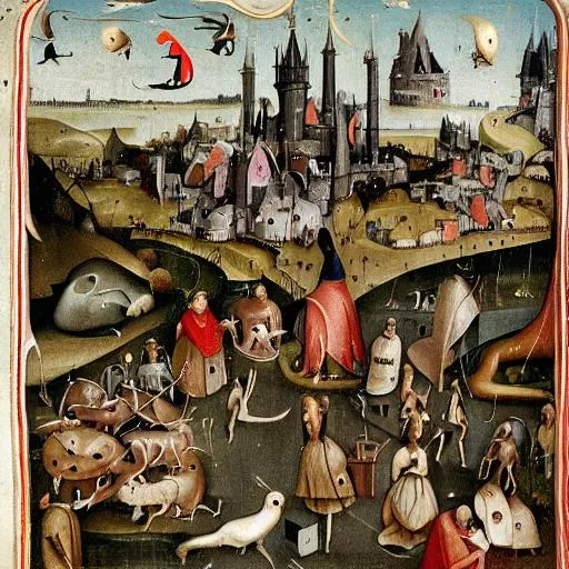 Prompt: Grotesque and surreal creatures hidden amongst normal people and things in medieval scene of city in the style of  hieronymus Bosch 