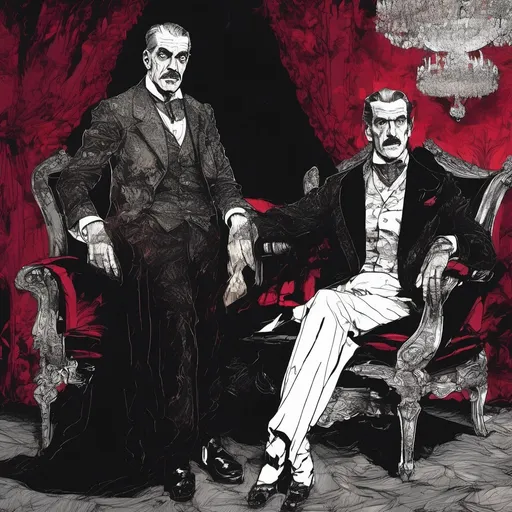 Prompt: (Boris Karloff and Vincent Price), Black and White pen and ink sketch style, dark color scheme, elegantly gothic attire, intricate details, dim lighting, dramatic shadows, opulent background, luxurious textures, ornate furniture, deep reds and blacks, baroque patterns, solemn atmosphere, rich color tones, dark romanticism, ultra-detailed, 4K, photorealistic masterpiece, timeless elegance.