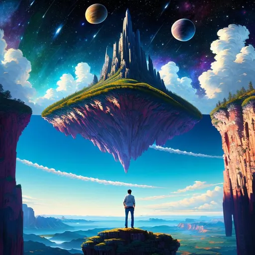 Prompt: vast scenic view,

looking from behind and below, low angle wide view, symmetrical

masterpiece best quality hyperdetailed guy looking at the world from floating around in outer space, detailed shirt and jeans, detailed short hair,

masterpiece best quality hyperdetailed intricate megastructure landscape,

precise brush strokes, precise brush outlines,

digital contrast symmetrical impressionist painting,

album cover art, wallpaper art, anime art, clean art, digital art, 64K resolution, illustration, vintage show promotional poster, vibrant, panoramic, cinematic,