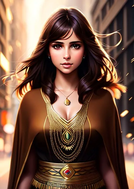 Prompt: portrait of Brown Hair Beautiful naomi scott with Air Magic, parted bangs, Elegant, Romantic, wearing tribal cueitl, HDR, full body, High Definition, cinematic,  dynamic light, hyperrealism, definition, glowing eyes, facial symmetry  by Ilya Kuvshinov