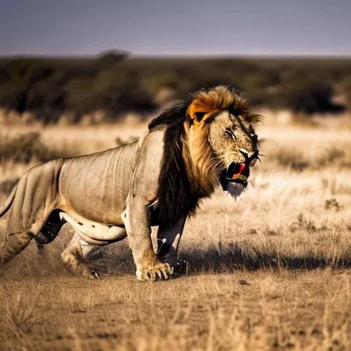 Prompt: A photo of bloody wounded old lion roaring around at the savana, dramatic, gore, realistic, 4k, uhd.