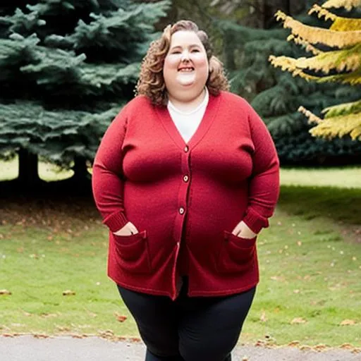 Prompt: Fat hobbit woman in a red lambswool v neck cardigan with patch pockets 