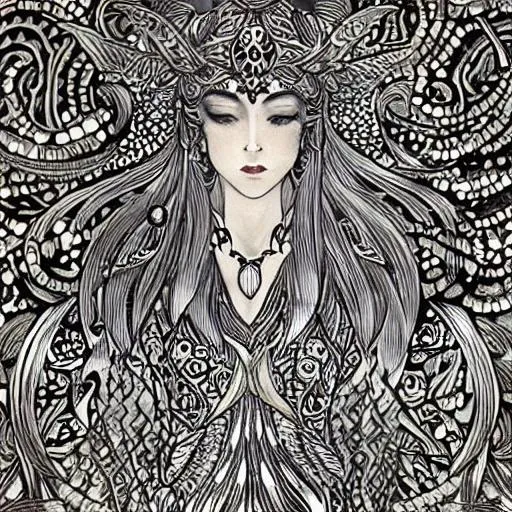 Prompt: Drawing of a {light goddess} with {horns}, {zilver and bronze tints} and {in the Ocean}, with a cute face, perfect proportions, perfect composition, hyperrealistic, super detailed, high quality, demon slayer art, sharp focus, painting, intricate details, highly detailed, style tsutomu nihei and gustaf Klimt and black lagoon manga