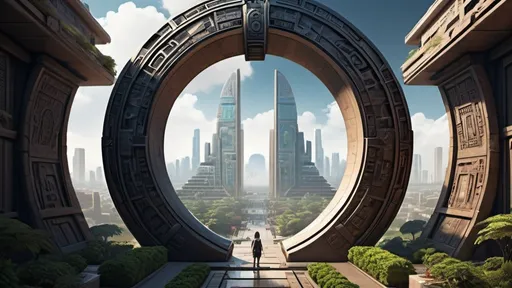 Prompt: magical portal between cities realms worlds kingdoms, circular portal, ring standing on edge, upright ring, freestanding ring, hieroglyphs on ring, complete ring, ancient aztec architecture, gardens, hotels, shopping malls, large wide-open city plaza, panoramic view, futuristic cyberpunk tech-noir setting