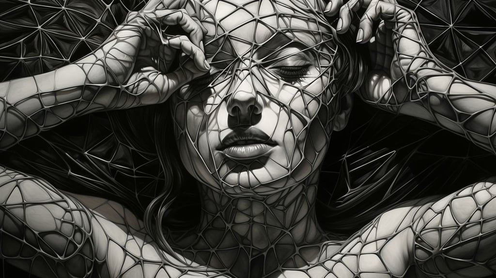 Prompt: 3d entites emerge in the style of highly detailed realism, noir comic art, dramatic diagonals, contemporary chicano, grid formations, masterful shading, twisted