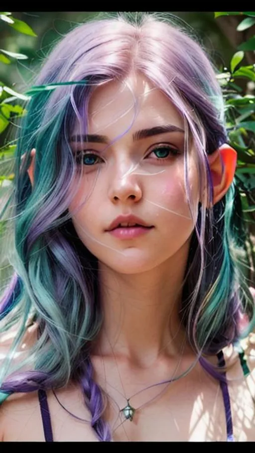 Prompt: Closeup face portrait of an elf, purple hair,smooth soft skin, big dreamy eyes, beautiful intricate colored hair, symmetrical, anime wide eyes, soft lighting, detailed face, by makoto shinkai, stanley artgerm lau, wlop, rossdraws, concept art, digital painting, looking into camera