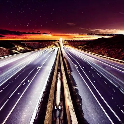 Prompt: Highway in night sky. Highways connects two floating islands. Surreal. Sky has many stars. Orbs. Cinematic quality. Long exposure. Cars on highway. Salvador Dali 