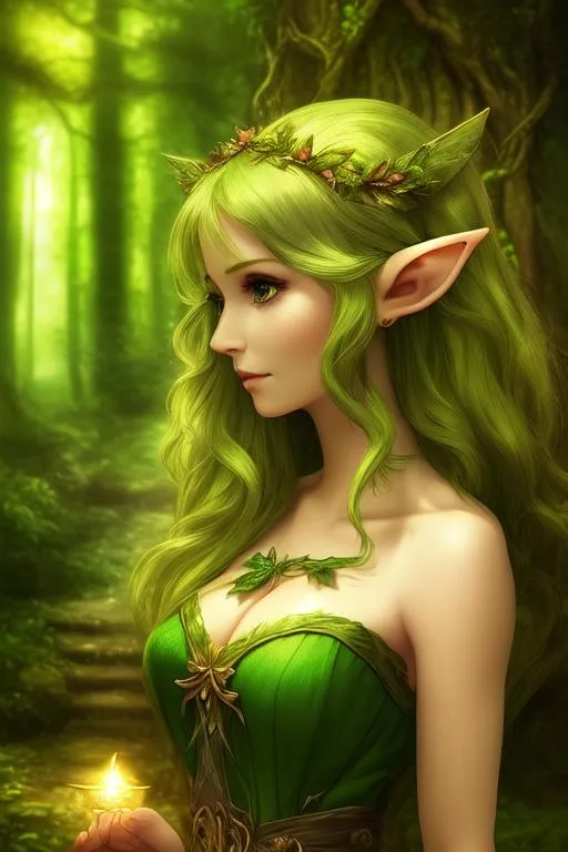 Prompt: A beautiful woman fairy standing, elf ears, detailed face, flowing hair, close up, magic forest, face, goddess, princess, magic, cottage, warm lighting, brown and 
green dress, Tinkerbell
