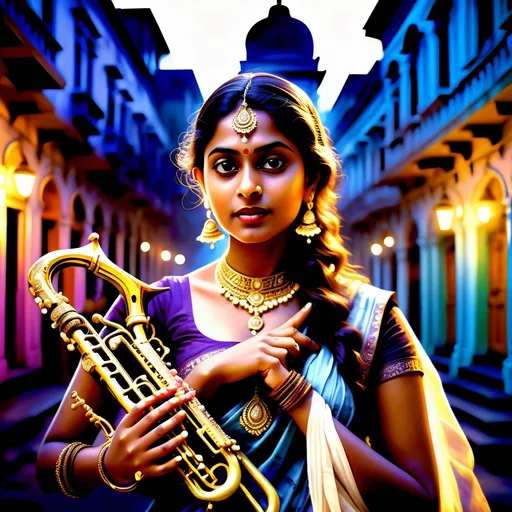 Prompt: "Photorealistic Bengali woman in traditional dress with Victorian elements, spirit-capturing brass instruments, ornate henna patterns that double as mystical wards, crystal pendant with spectral glow, colonial Calcutta street at twilight with ghostly manifestations --ar 3:4 --s 1000"