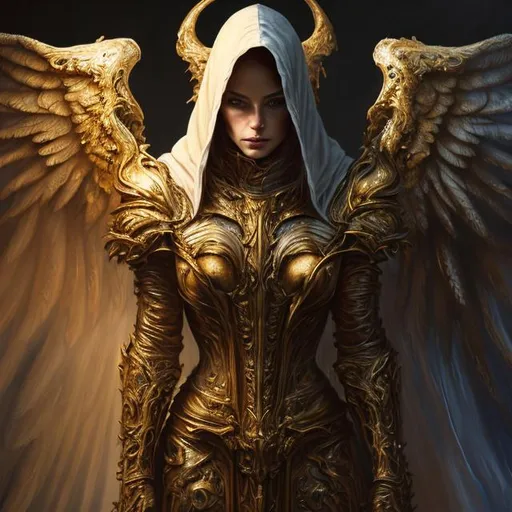 Prompt: Oil painting, Chiaroscuro, landscape, UHD, 8K, highly detailed, panned out view of the character, (((((visible full body))))), a hyperdetailed female archangel Tyrael from Diablo Game, ((beautiful face)), ((hyperdetailed white hood and robe)), masterpiece, entire hyperdetailed body, She wears a full golden armor with gold and silver filigree with gold trim, ((((many symmetrical ethereal tendrils instead of wings made of pure light))))