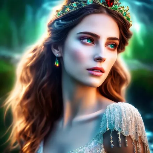 Prompt: HD 4k 3D 8k professional modeling photo hyper realistic beautiful woman ethereal greek goddess of fresh water and clouds
dark red hair green eyes gorgeous face pale skin jewelry and winged tiara full body surrounded by magical glowing light hd landscape background wading in rivers streams fountains clouds