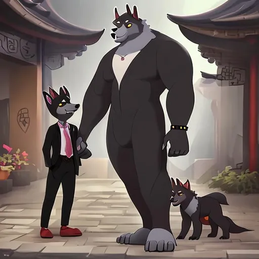 Prompt: Linnux the big buff anthro wolf is  wearing black business suit loves young human, at mengcheng city, on "Rock dog style"