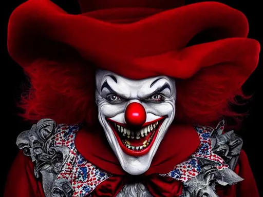 Prompt: Portrait of a jester, clown, joker, mad hatter, red hat, pointy sharp long teeth, red clown nose, perfect composition, hyperrealistic, super detailed, 8k, high quality, trending art, sharp focus, studio photo, intricate details, highly detailed, by greg rutkowski octane render nightmare