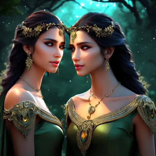Prompt: HD 4k 3D 8k professional modeling photo hyper realistic beautiful twin women ethereal greek goddesses of disputes
dark green hair brown eyes gorgeous face black skin shimmering dress with jewelry laurel headpiece full body surrounded by magical glowing  light hd landscape background two twins arguing in dark gloomy underworld