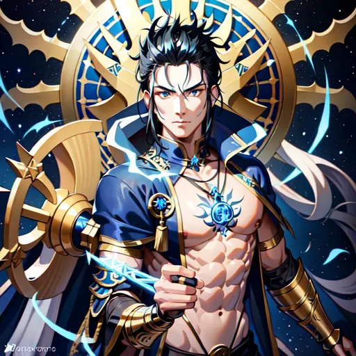 Prompt: highly detailed anime God wearing Nordic armor with Victorian tattoos blue flames and lighting he is with black hair, holding a battle hammer. showing abs on his stomach.